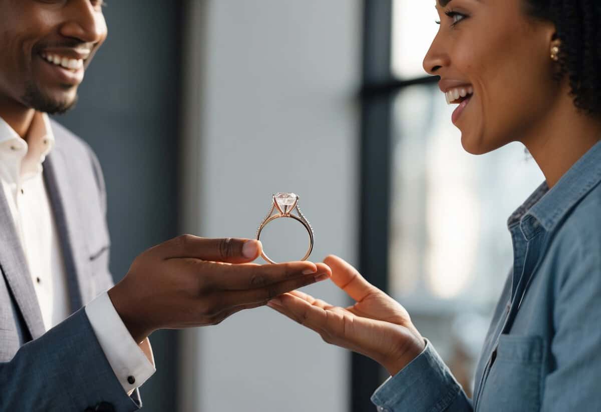 A person presenting a diamond ring to another person, with a look of anticipation and excitement on their face