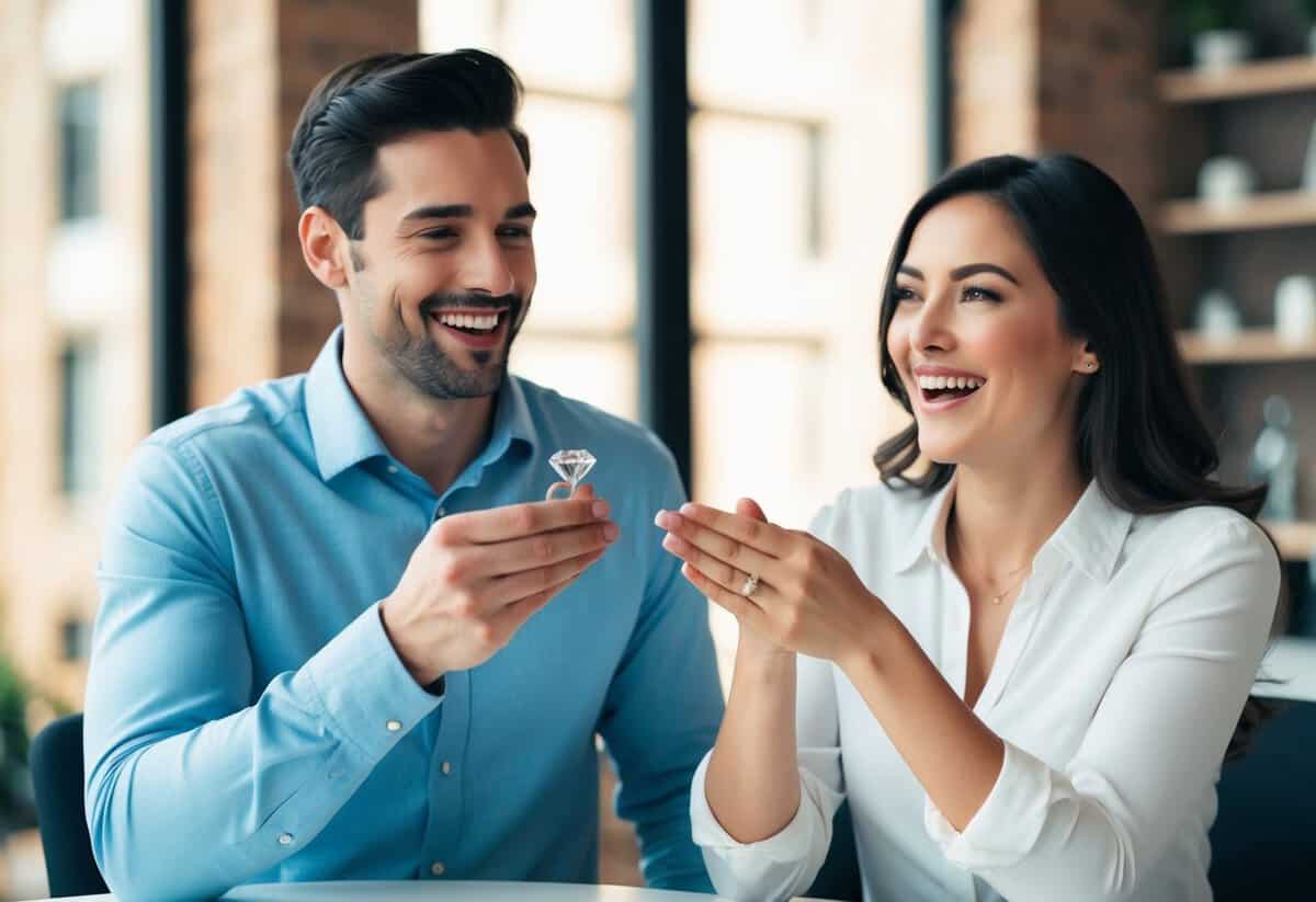 A man and woman sit at a table, the man presenting a diamond ring. They both appear excited and happy