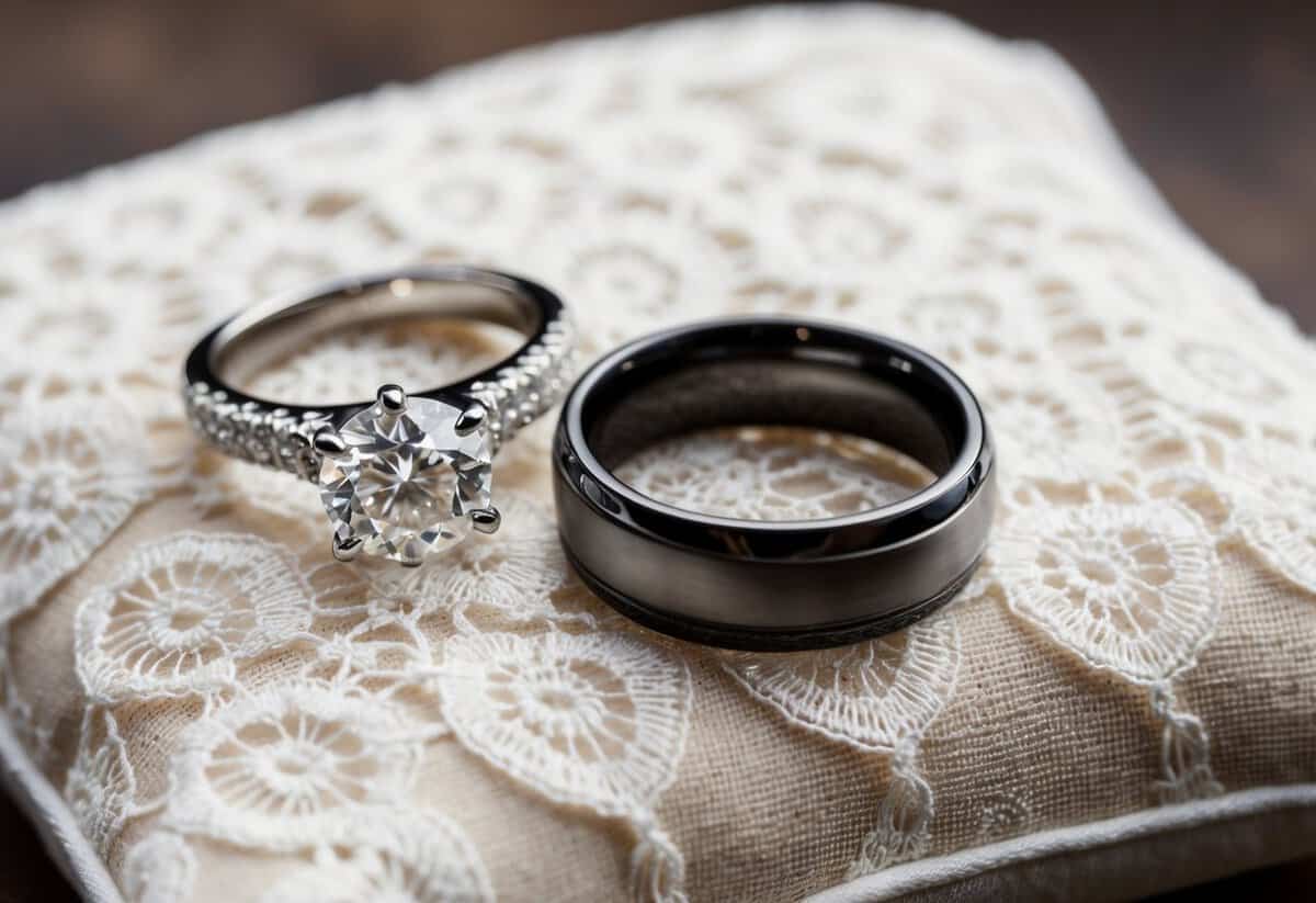 A diamond engagement ring and a matching wedding band rest on a delicate lace pillow