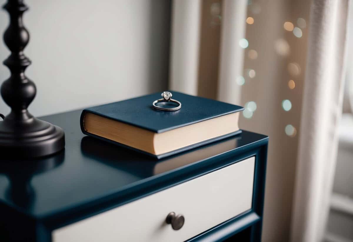 A nightstand with a wedding ring resting on top, next to a lamp and a book
