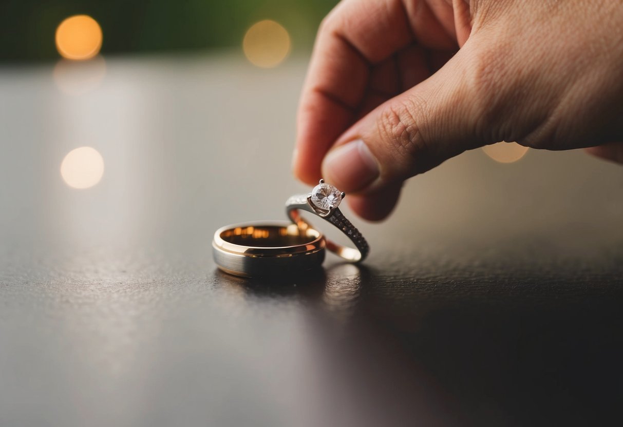 Two wedding rings on a table, one being swapped out for a new one
