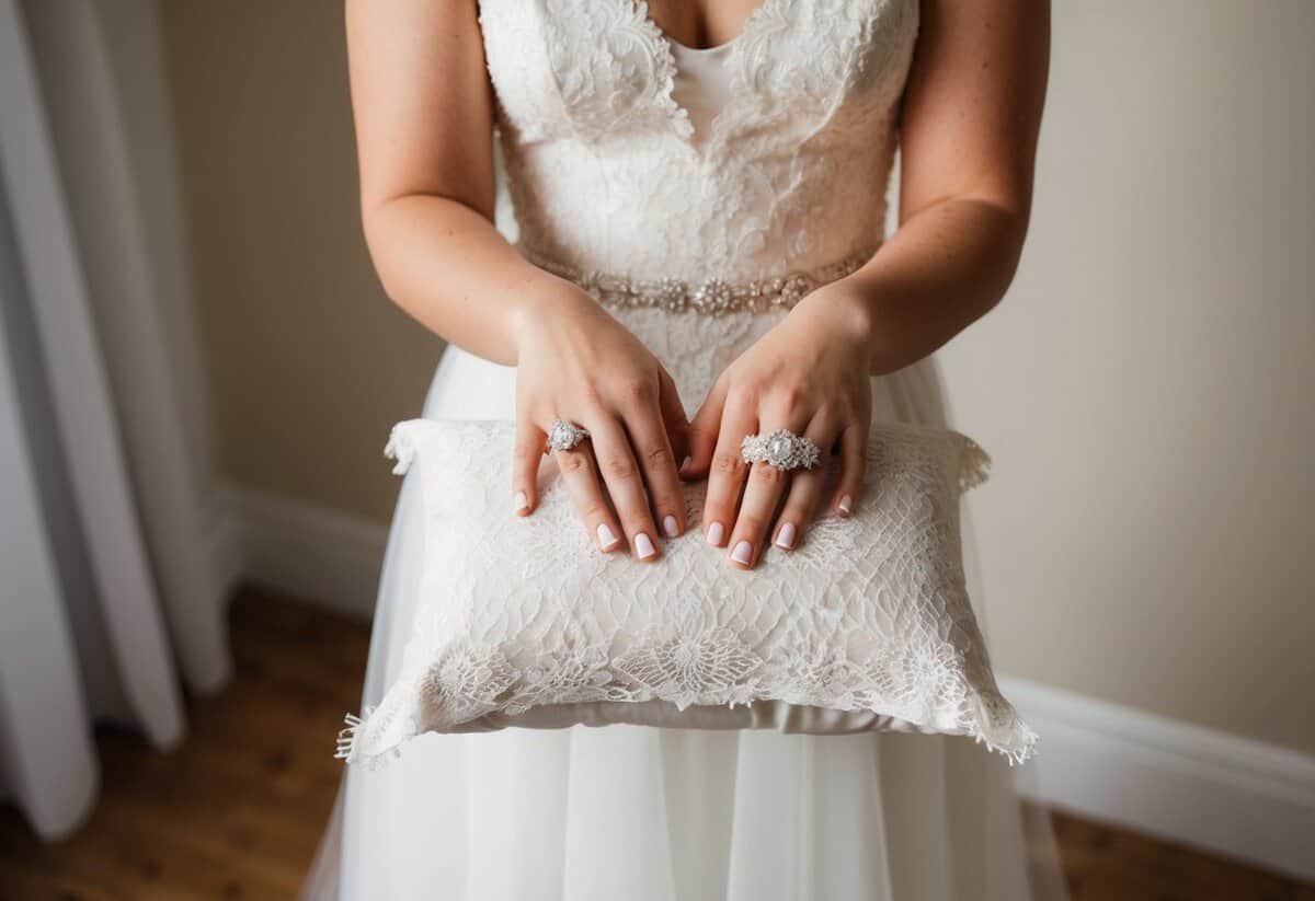 A bride holds out two wedding rings on a delicate lace pillow