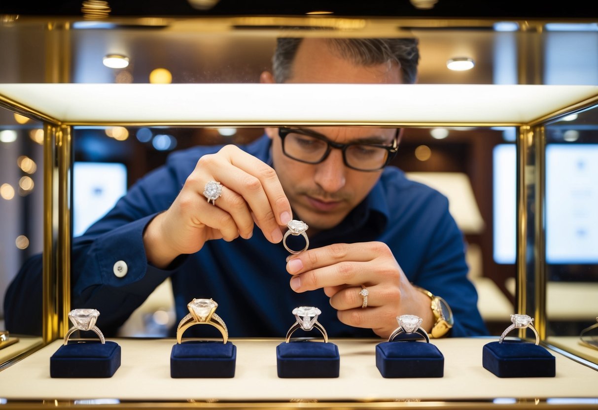 A jeweller carefully measures and inspects a sparkling diamond engagement ring, surrounded by other elegant rings in a luxurious display case