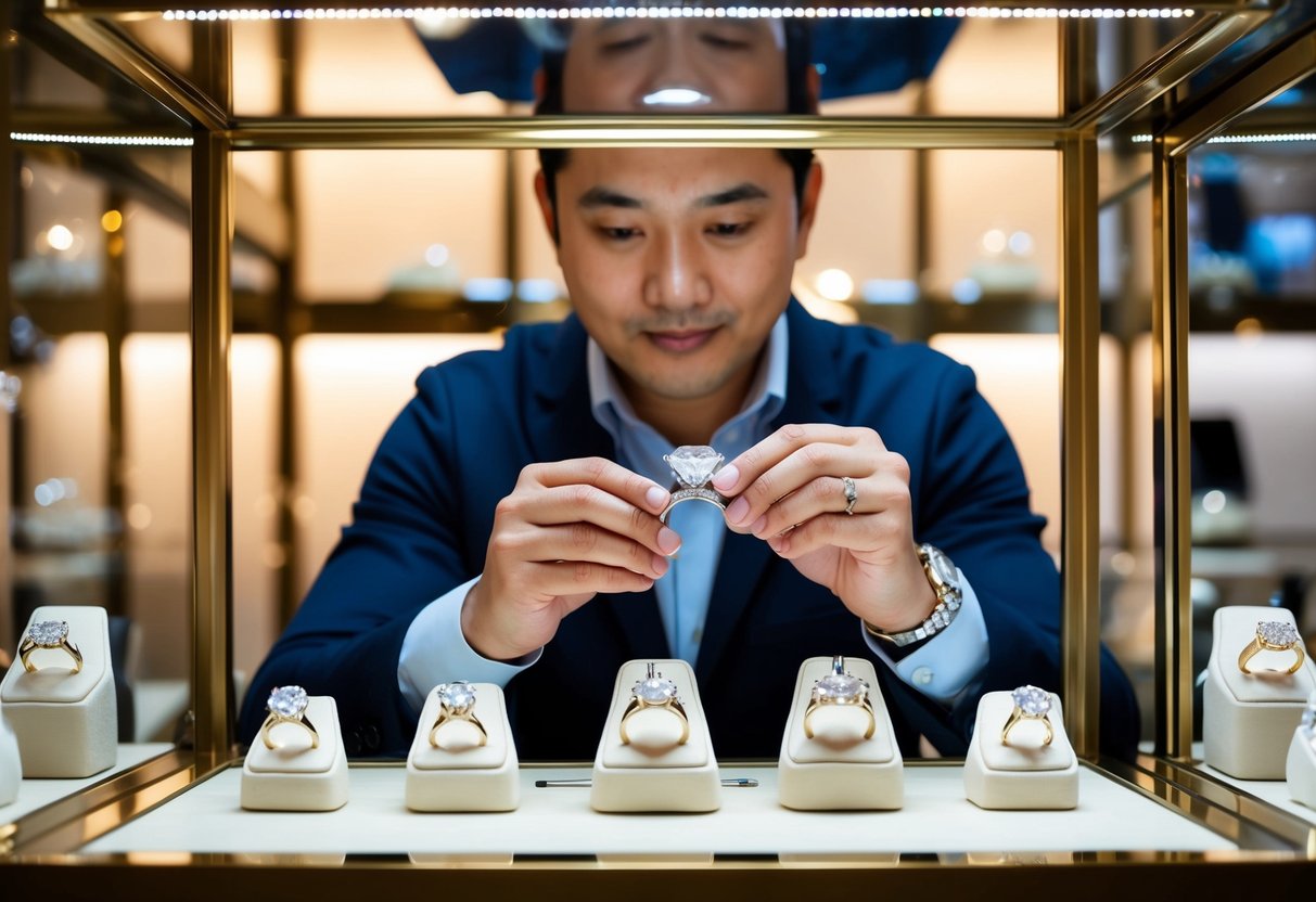 A jeweler carefully measures and inspects a sparkling diamond engagement ring, surrounded by other glittering options in a luxurious display case