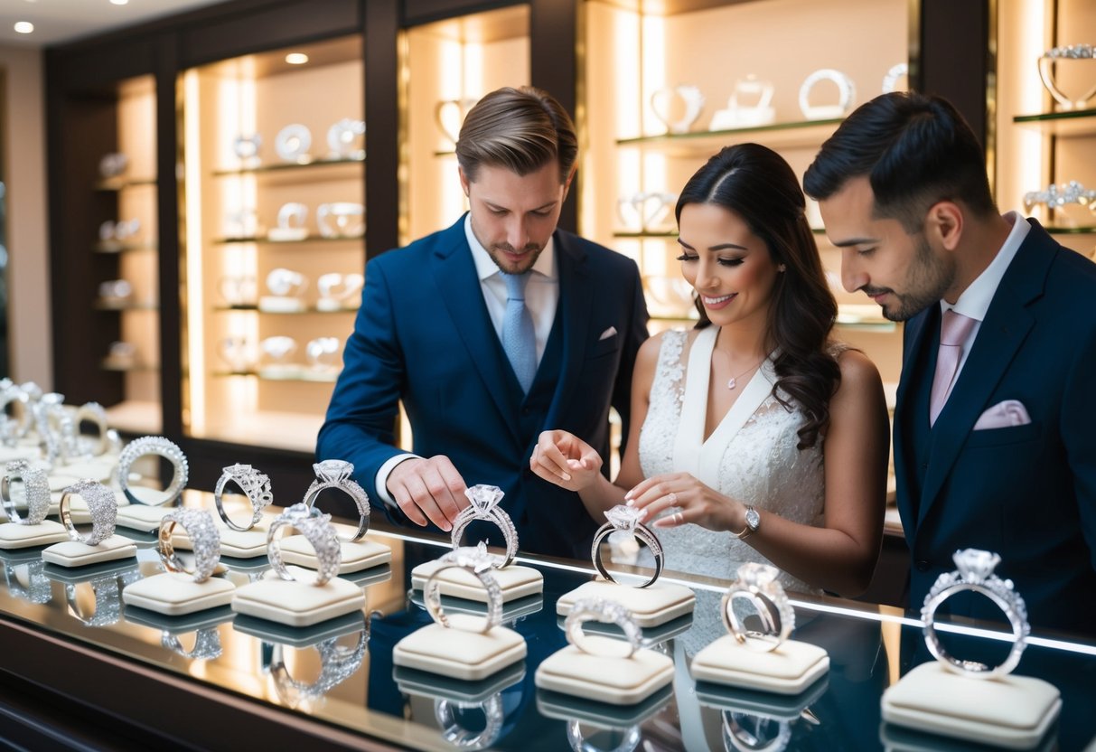 A couple browsing through a display of intricately designed wedding rings at a high-end jewelry store, with the sparkling rings catching the light