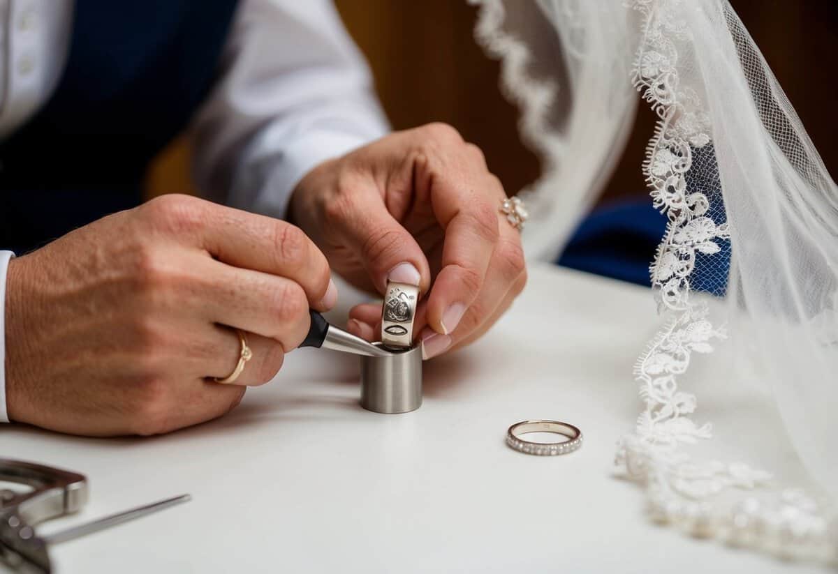 A jeweler carefully engraves the husband's wedding ring with a meaningful symbol, while a delicate lace veil drapes over the table