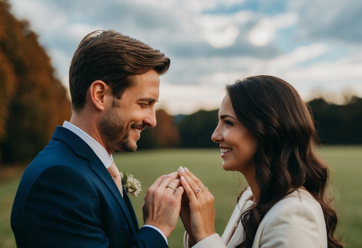 A man and woman exchange rings, symbolizing their commitment and love for each other