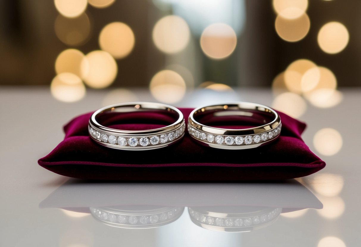 Two wedding bands lying side by side on a velvet cushion, reflecting the light and showcasing intricate craftsmanship