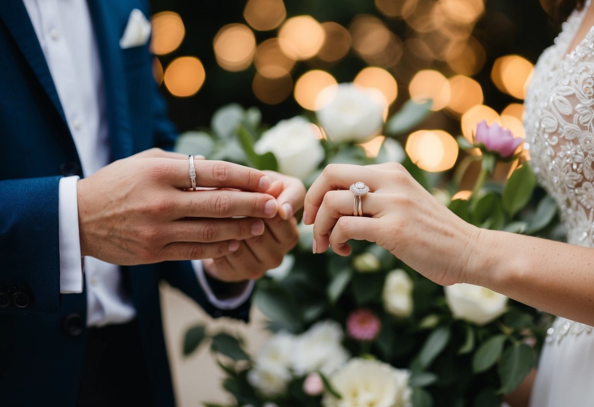 A husband and wife exchange rings, symbolizing their commitment and love for each other