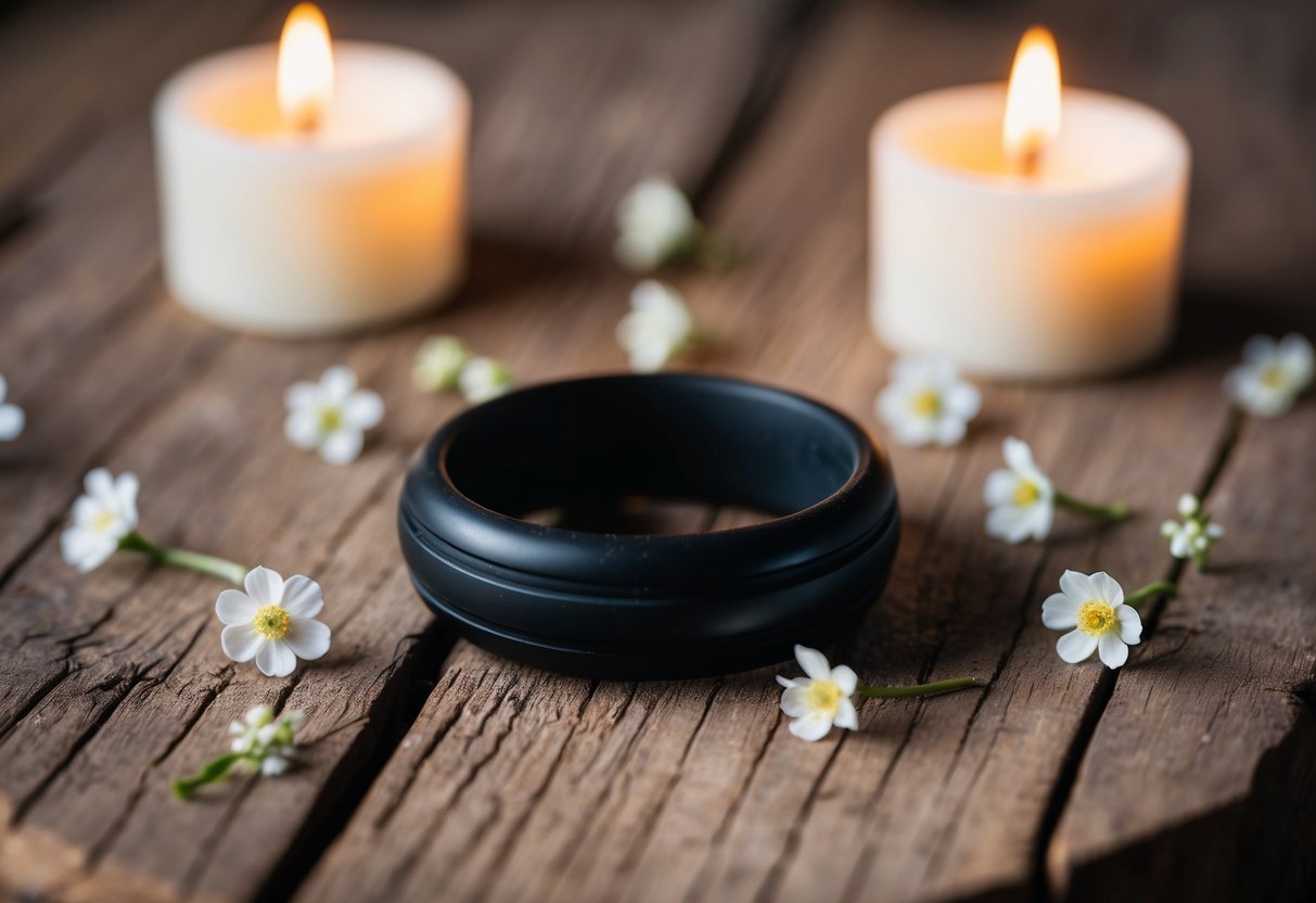 A black rubber wedding ring lies on a rustic wooden surface, surrounded by small, delicate flowers and soft candlelight