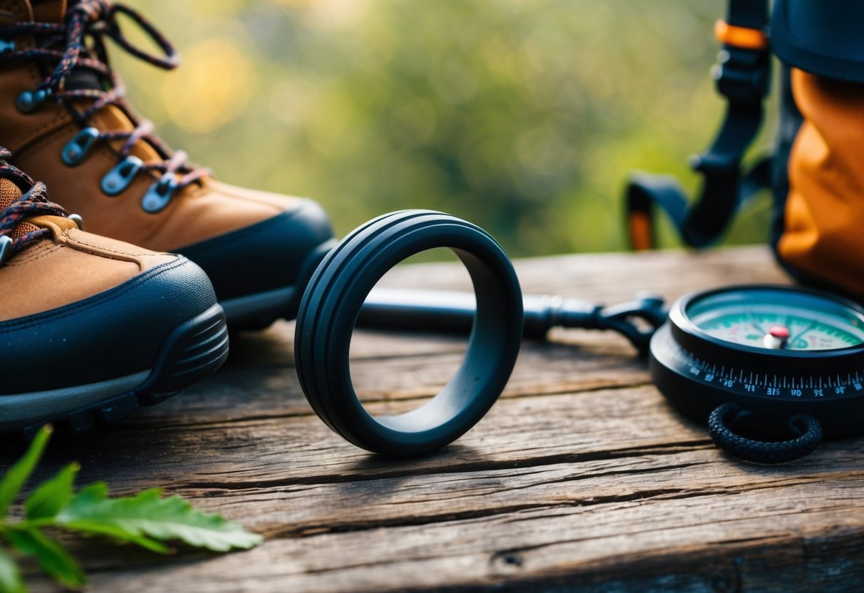 A black rubber wedding ring on a rustic wooden surface, surrounded by outdoor adventure gear like hiking boots, a compass, and a backpack