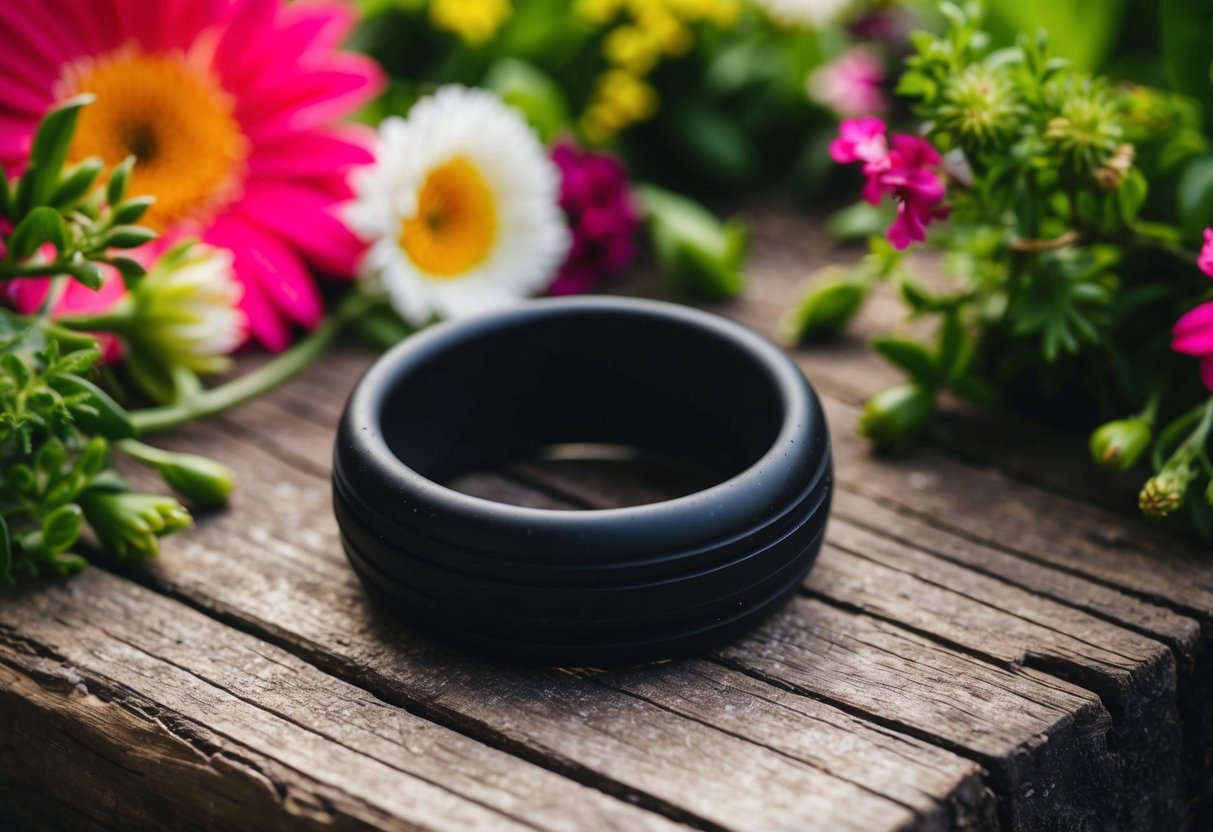 A black rubber wedding ring lies on a rustic wooden surface, surrounded by vibrant flowers and greenery