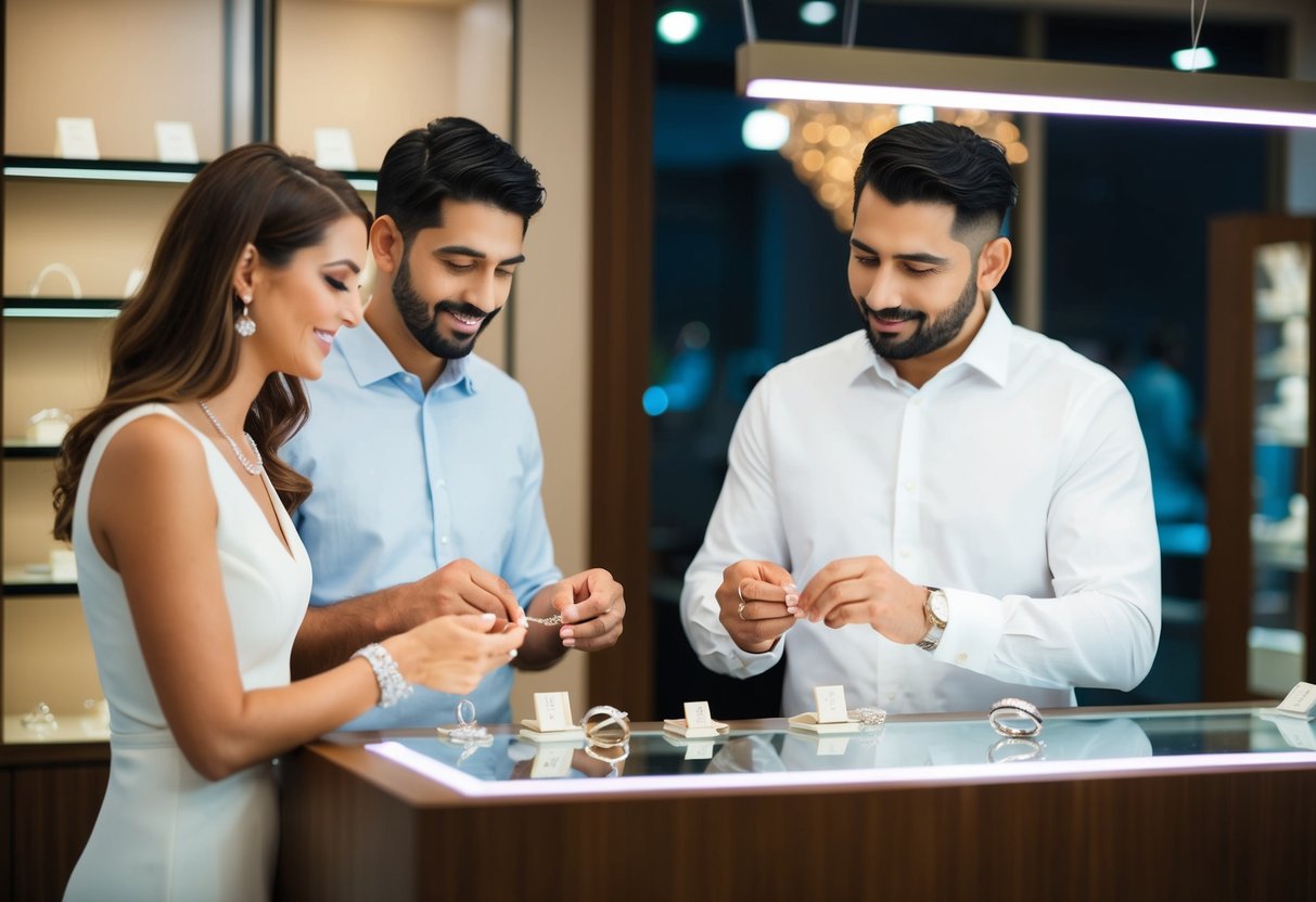 A couple stands at a jewelry counter, examining wedding bands together. The professional jeweler presents various options and discusses pricing with them