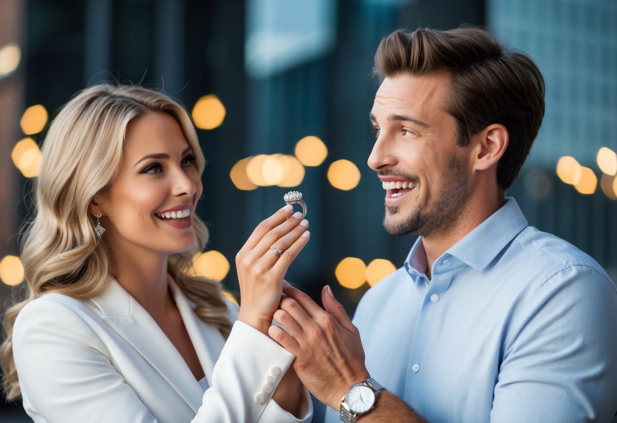 A woman presents a ring to a man, who looks surprised and delighted