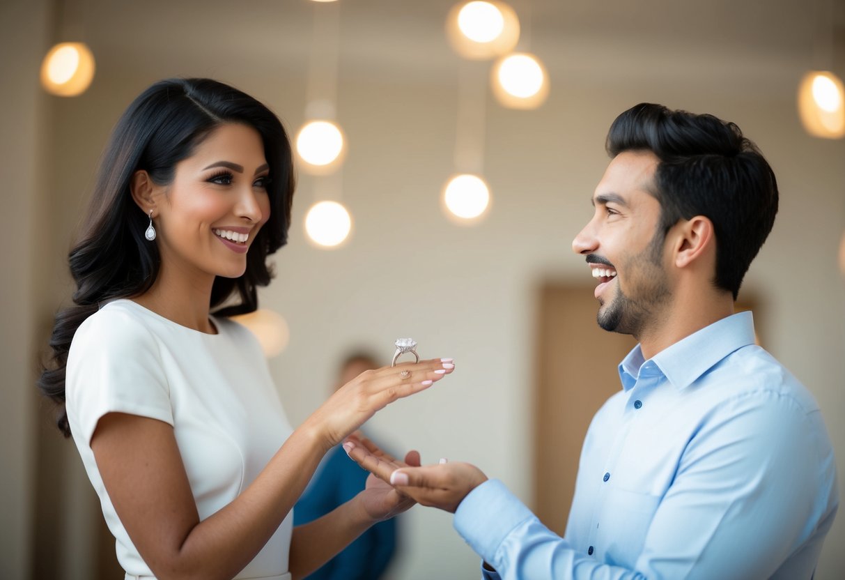 A woman presents a ring to a man, who looks surprised and delighted. She stands confidently, with a smile on her face, as she holds out the ring towards him