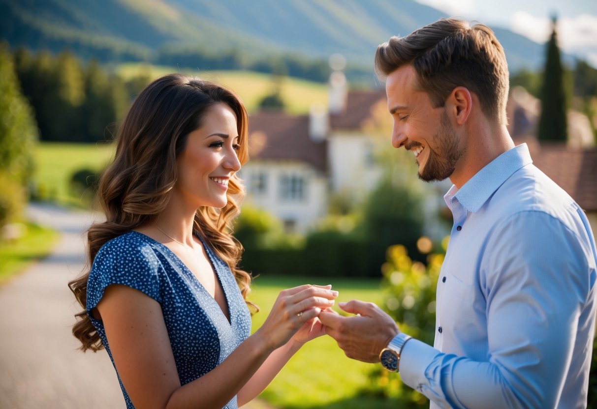 A woman presents a ring to a man, both standing in a picturesque outdoor setting with a romantic atmosphere