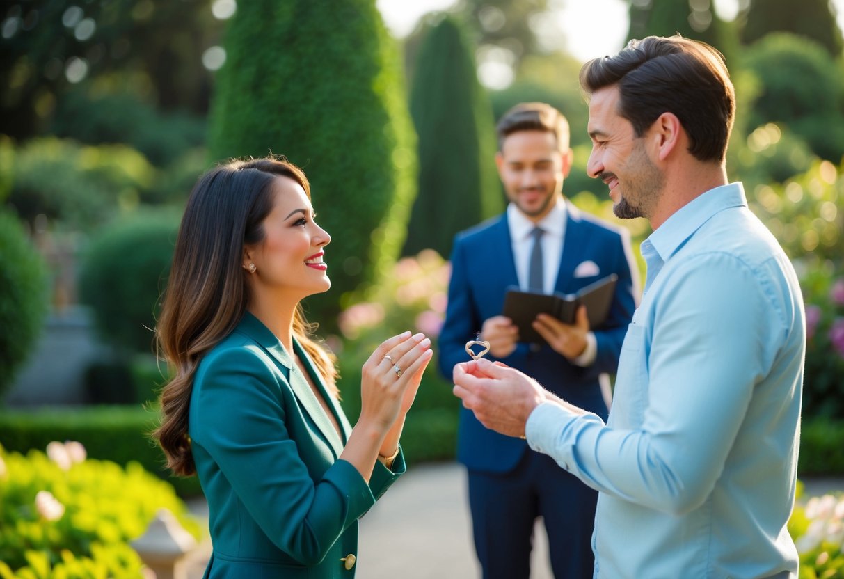 A woman presents a man with a ring, symbolizing love and commitment, during a romantic proposal in a serene garden