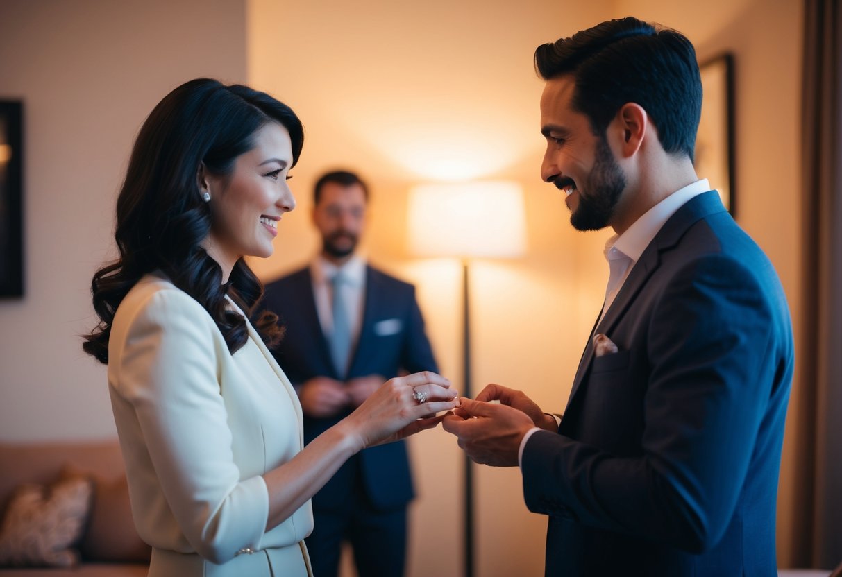 A woman presents a ring to a man, both standing in a warm, intimate setting with soft lighting and a sense of anticipation