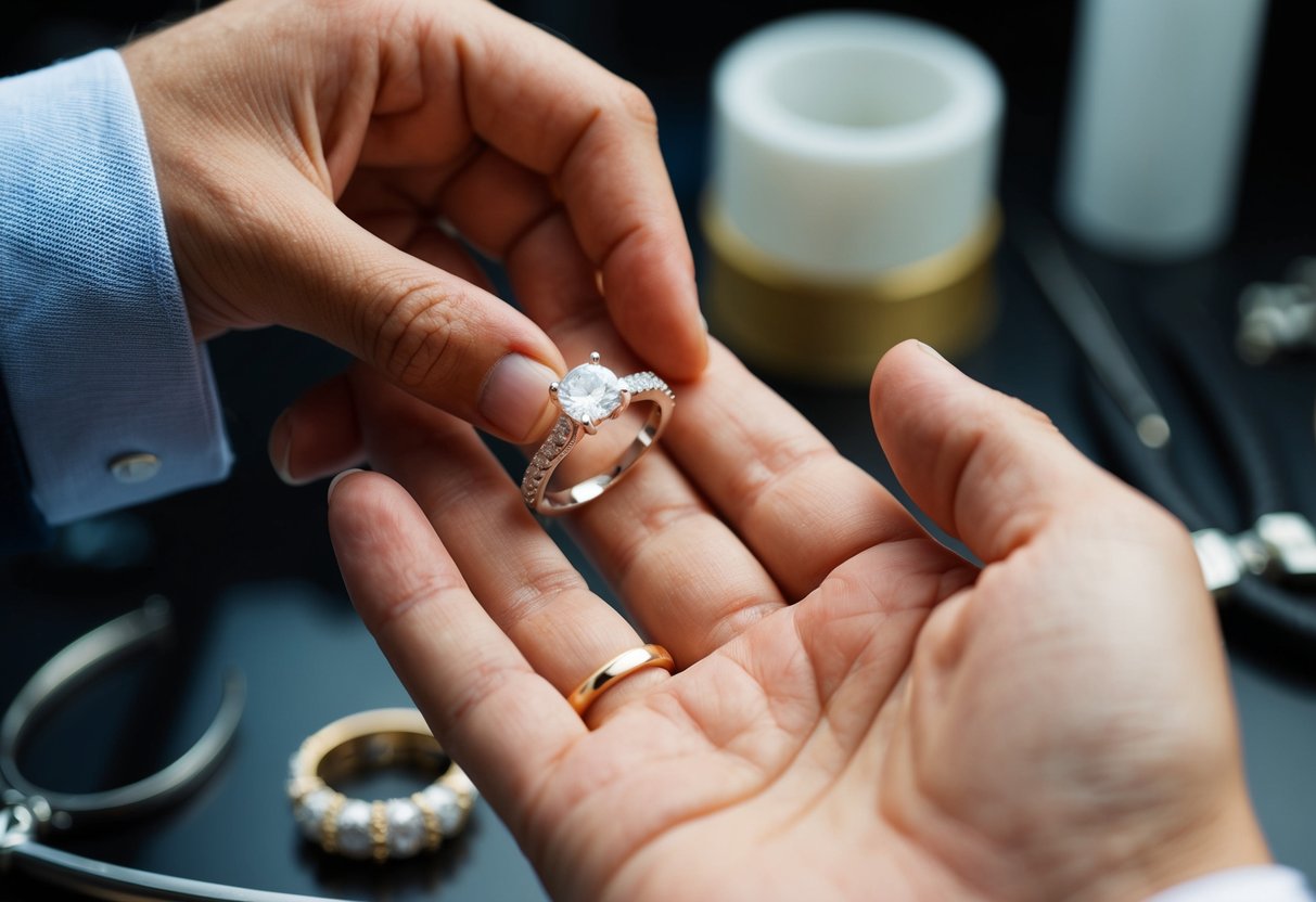 A jeweler's hand holds a wedding ring next to a smaller, matching band