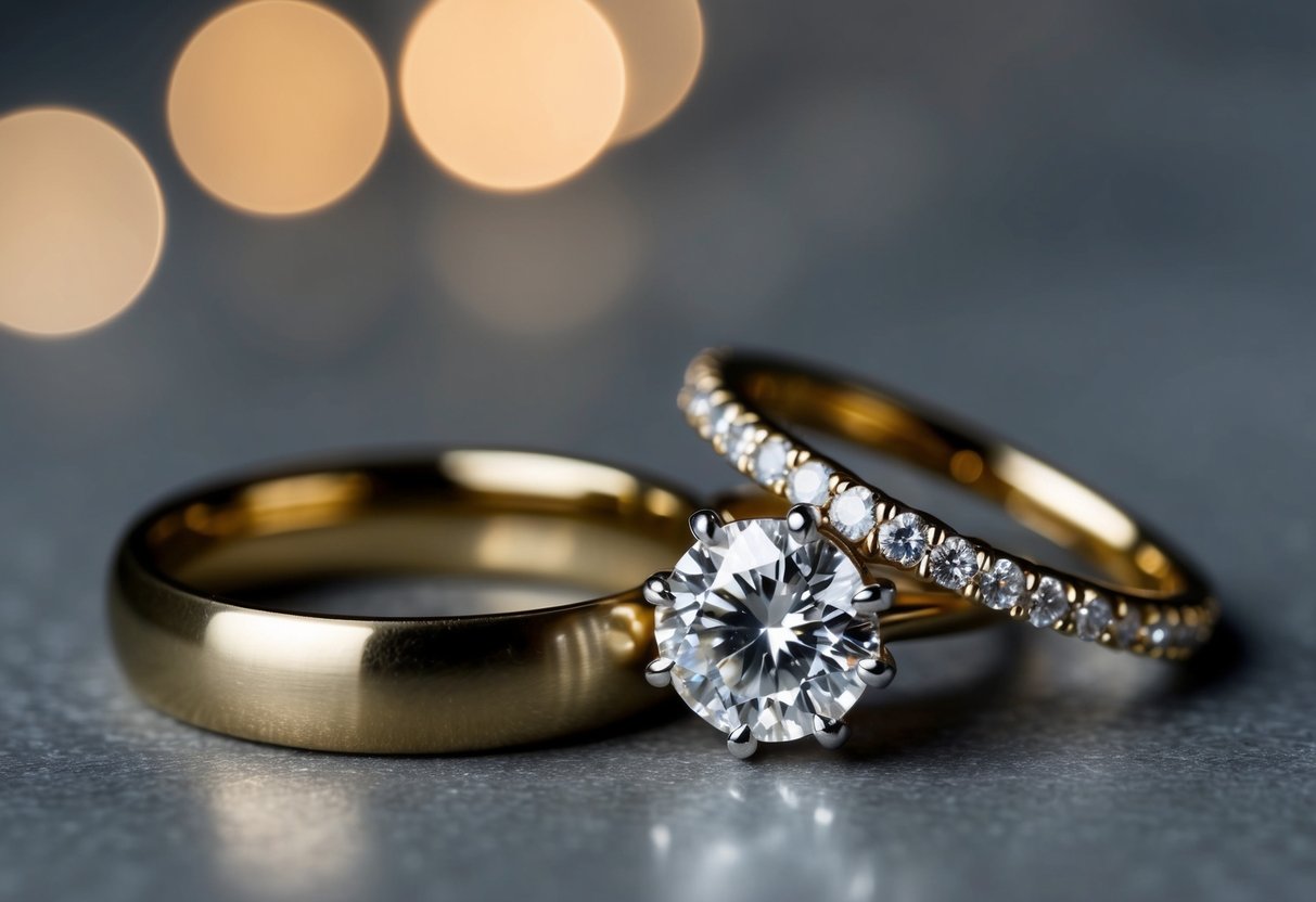 A sparkling diamond ring sits beside a classic gold band, symbolizing the significance of a second wedding