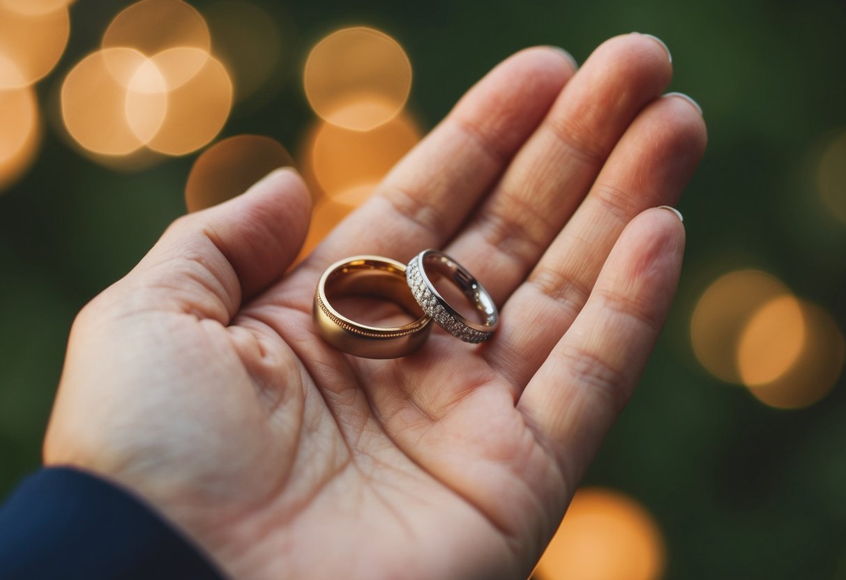 A hand holding two wedding rings, one traditional and one modern, with a thoughtful expression