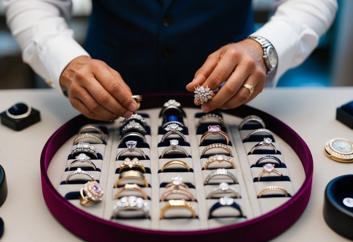 A jeweler arranging a display of wedding rings, with various designs and styles laid out on a velvet-lined tray
