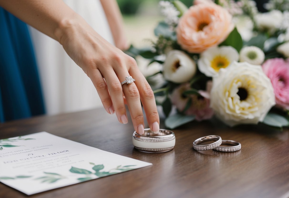 A hand reaches for a wedding band on a table, surrounded by flowers and a wedding invitation
