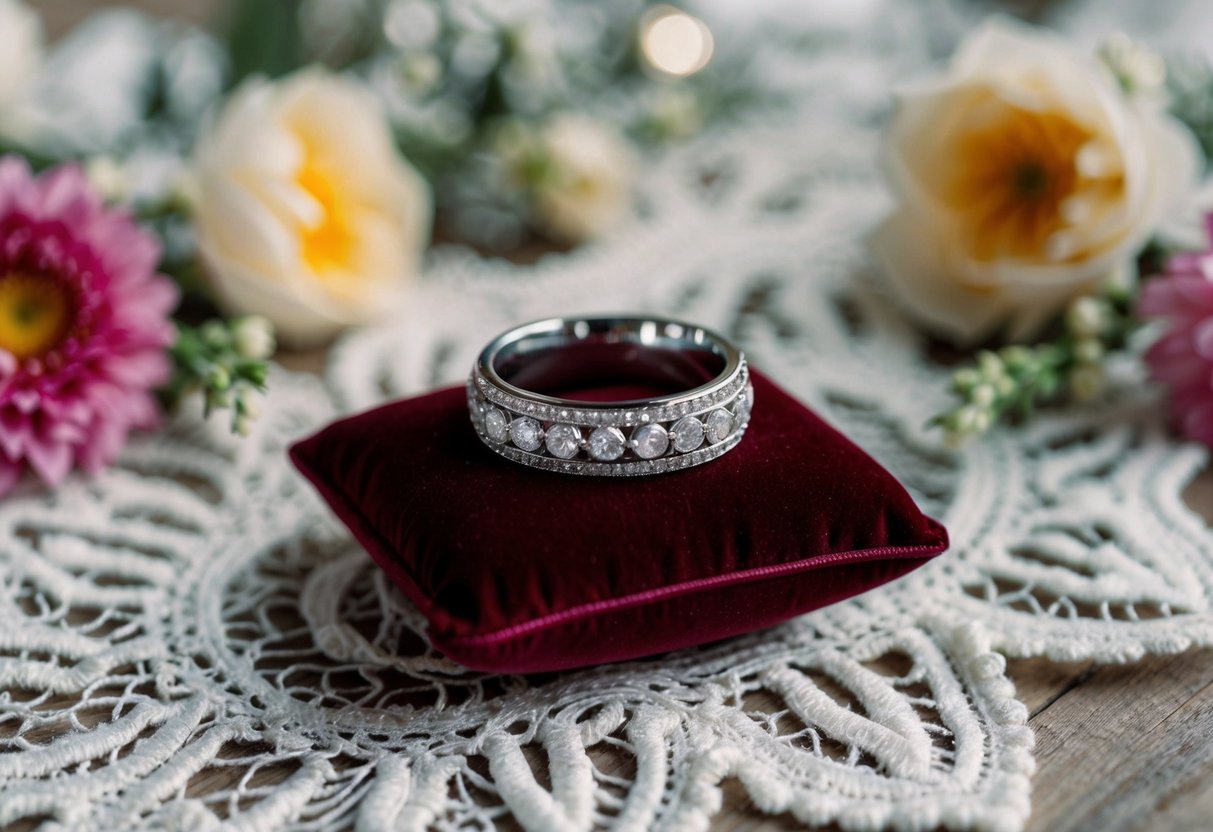 A wedding band sits on a velvet cushion, surrounded by delicate lace and floral decorations