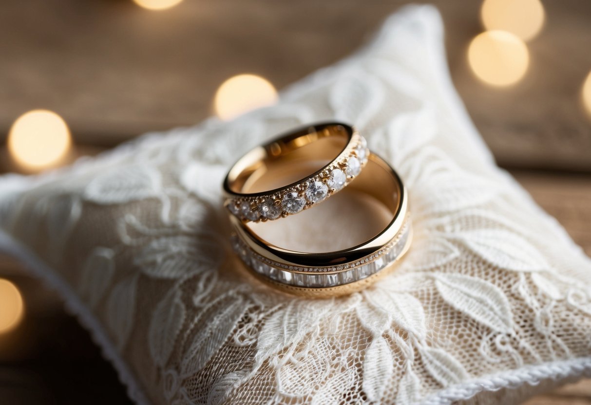 A wedding band resting on a delicate lace pillow, bathed in soft, romantic light