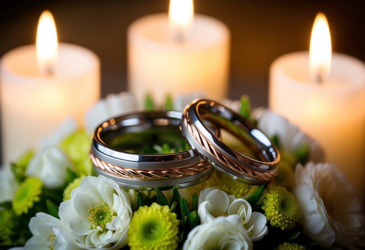 A pair of intertwined wedding bands resting on a bed of fresh flowers, surrounded by soft candlelight