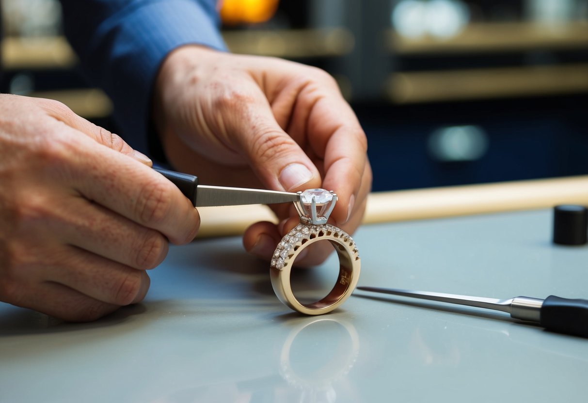 A jeweller carefully cuts a wedding ring off a finger-sized model