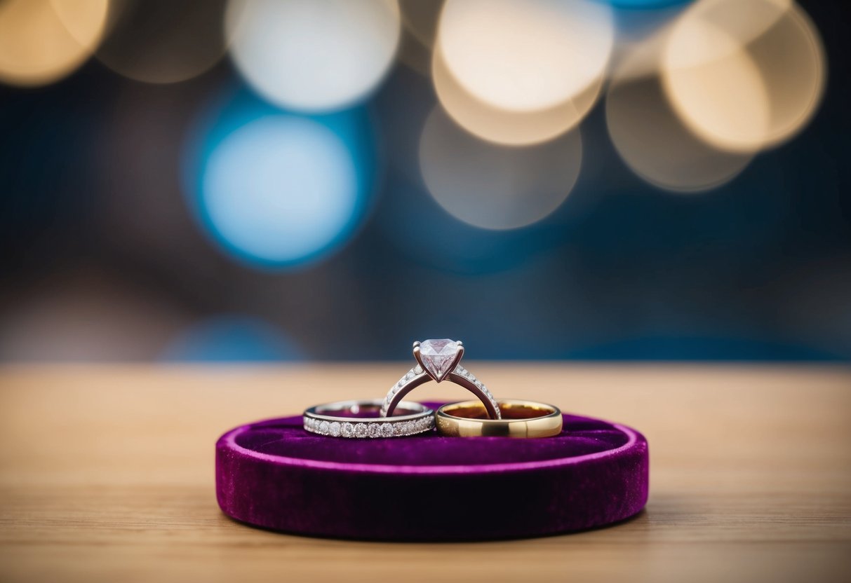 Two rings, one with a diamond and the other plain, sitting side by side on a velvet display, symbolizing the transition from engagement to marriage