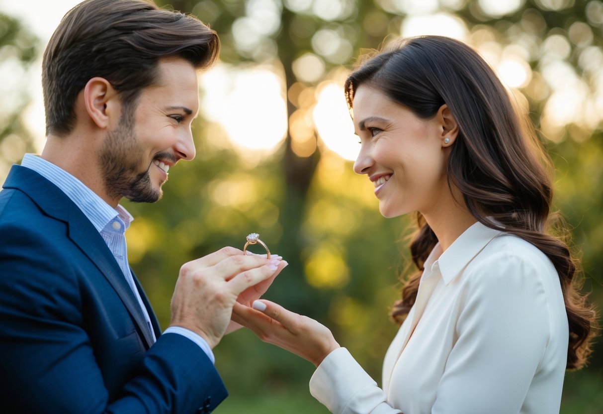 A man presenting a ring to a woman, with a thoughtful expression