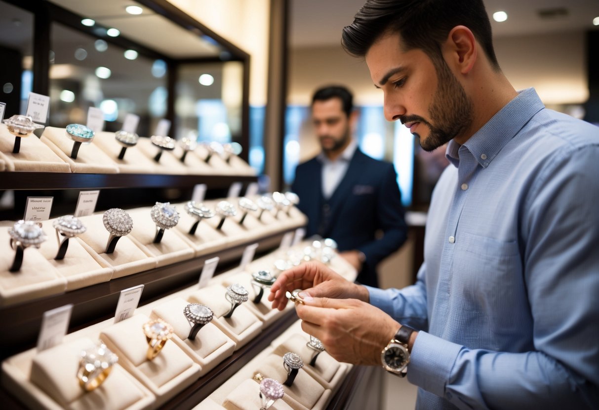 A man browsing through a display of sparkling engagement rings in a jewelry store, carefully examining the different styles and price tags