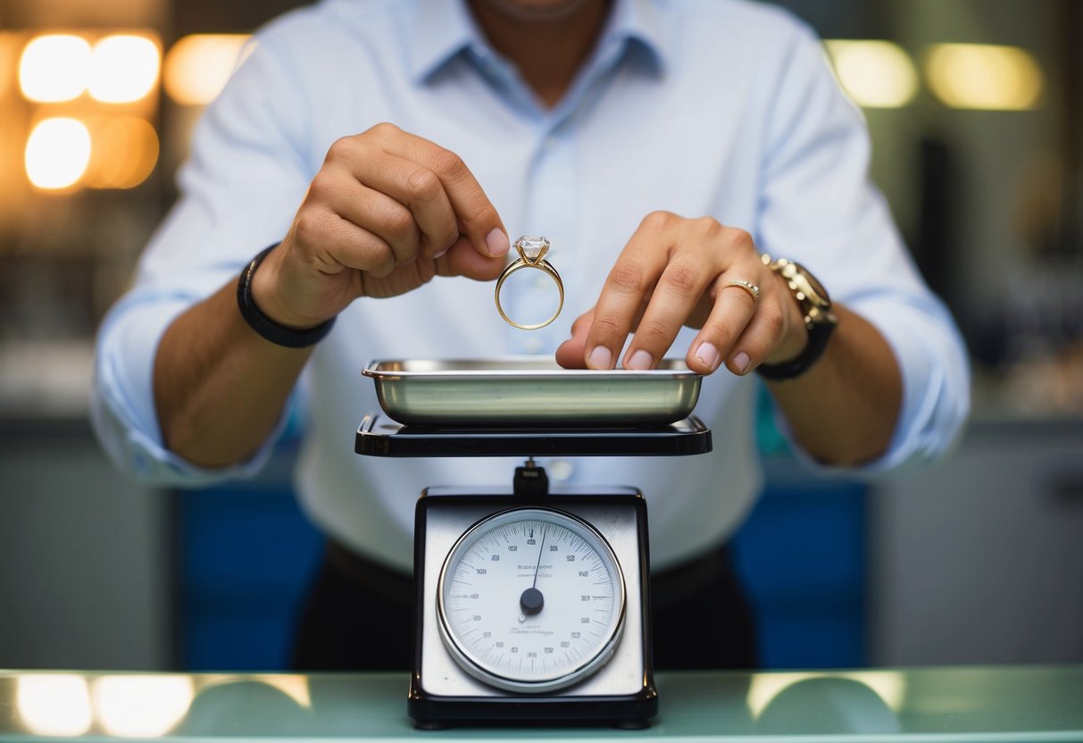 A jeweler weighing a wedding ring on a scale