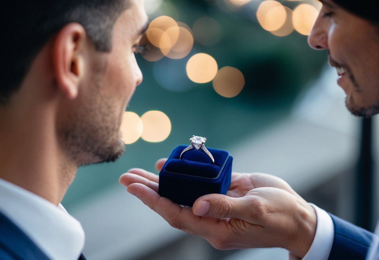 A man receiving a diamond engagement ring in a small velvet box