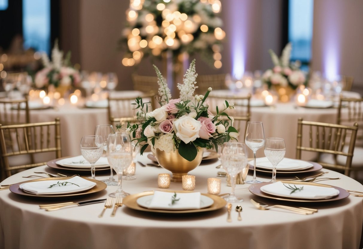 A beautifully decorated dining table with elegant place settings, floral centerpieces, and soft lighting