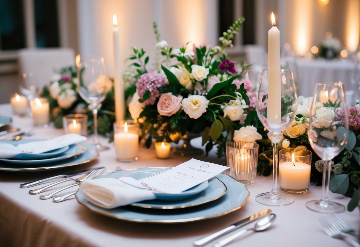 A beautifully set table with elegant place settings, surrounded by soft candlelight and adorned with fresh flowers