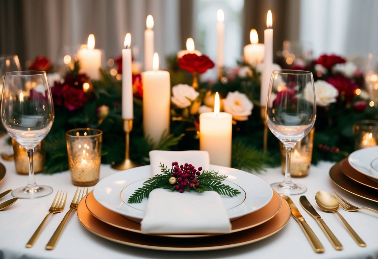 A festive table setting with candles, elegant place settings, and floral centerpieces