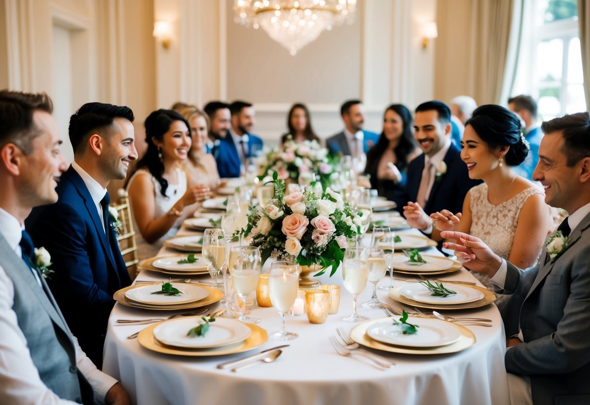 A beautifully set table with elegant place settings and floral centerpieces, surrounded by happy guests chatting and enjoying a pre-wedding meal