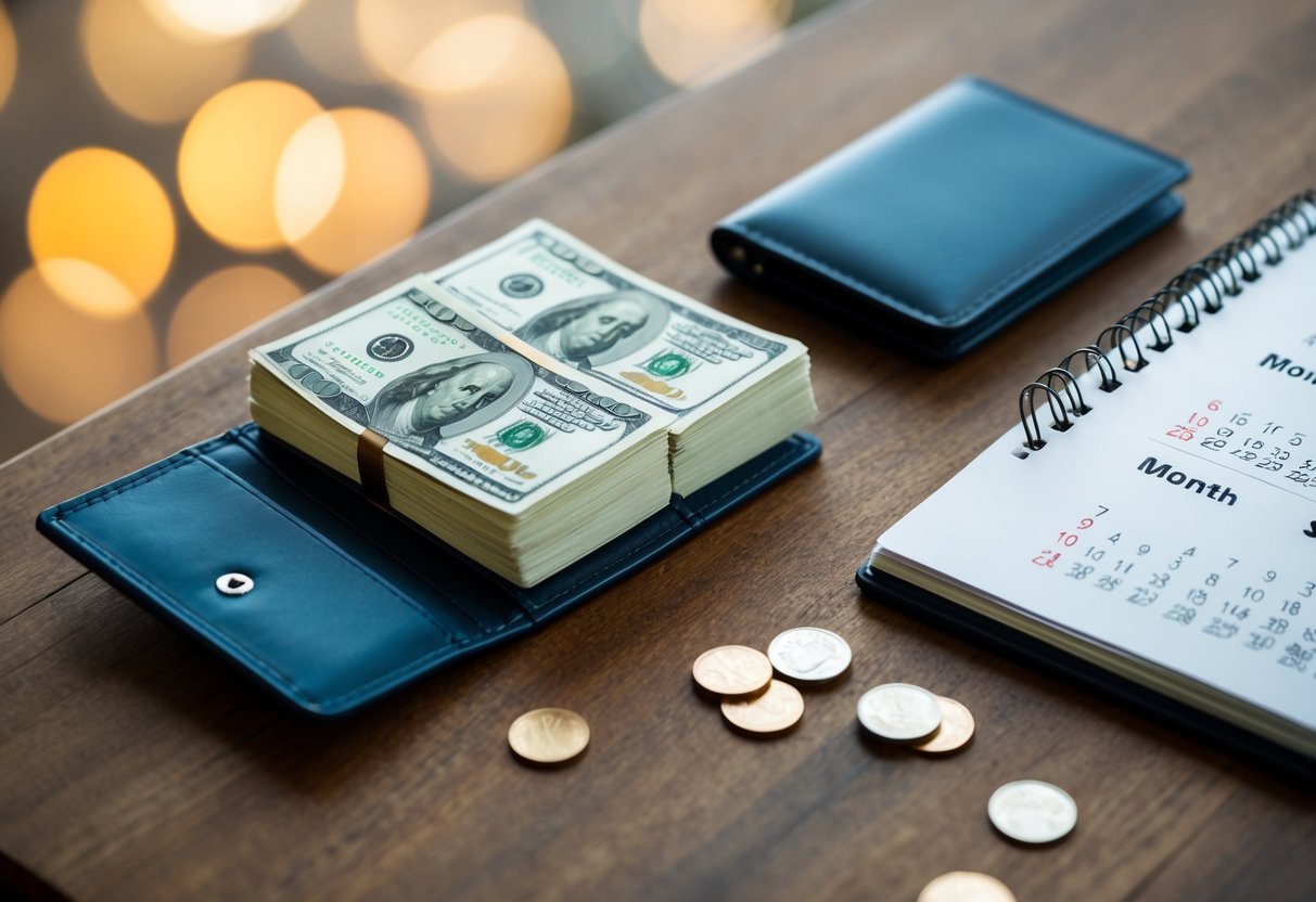 An open wallet with three stacks of cash, each representing a month's salary, next to a calendar showing three months