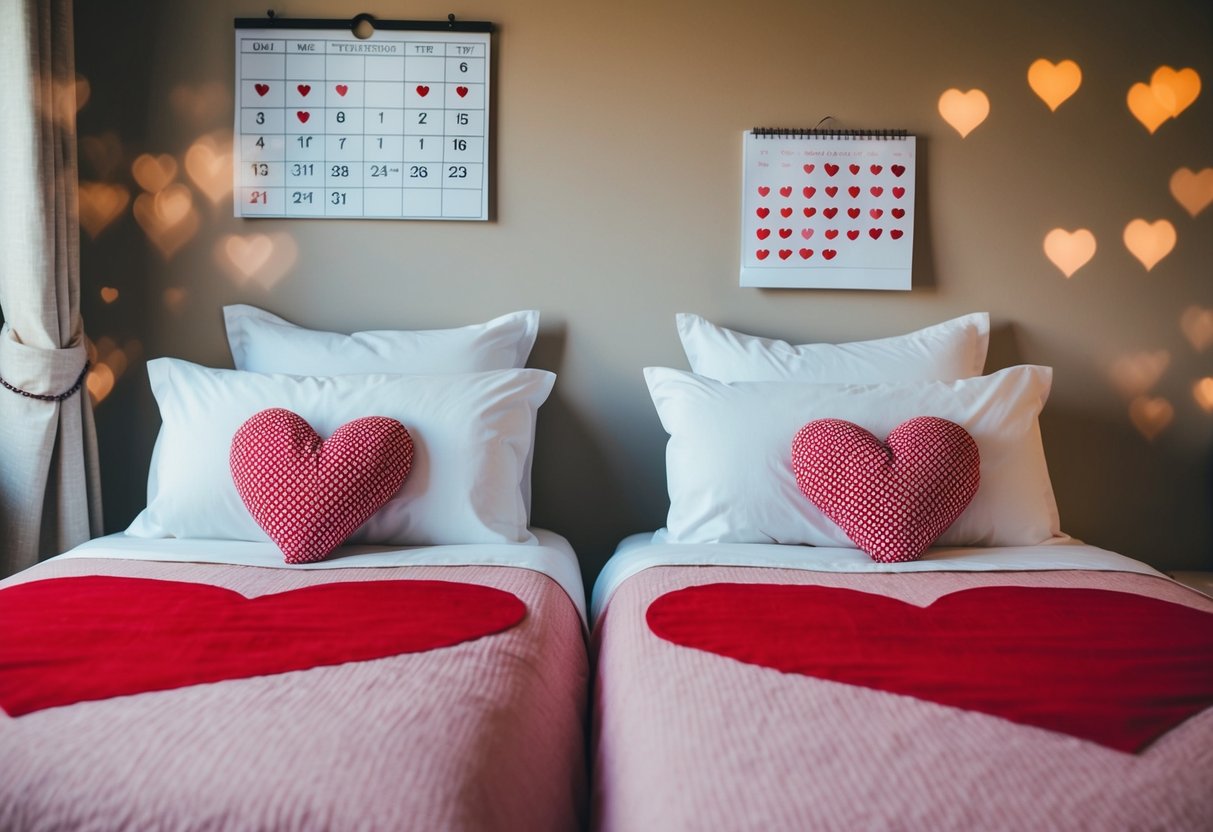 A cozy bedroom with two side-by-side pillows and a heart-shaped bedspread. A calendar on the wall with hearts marked on random dates