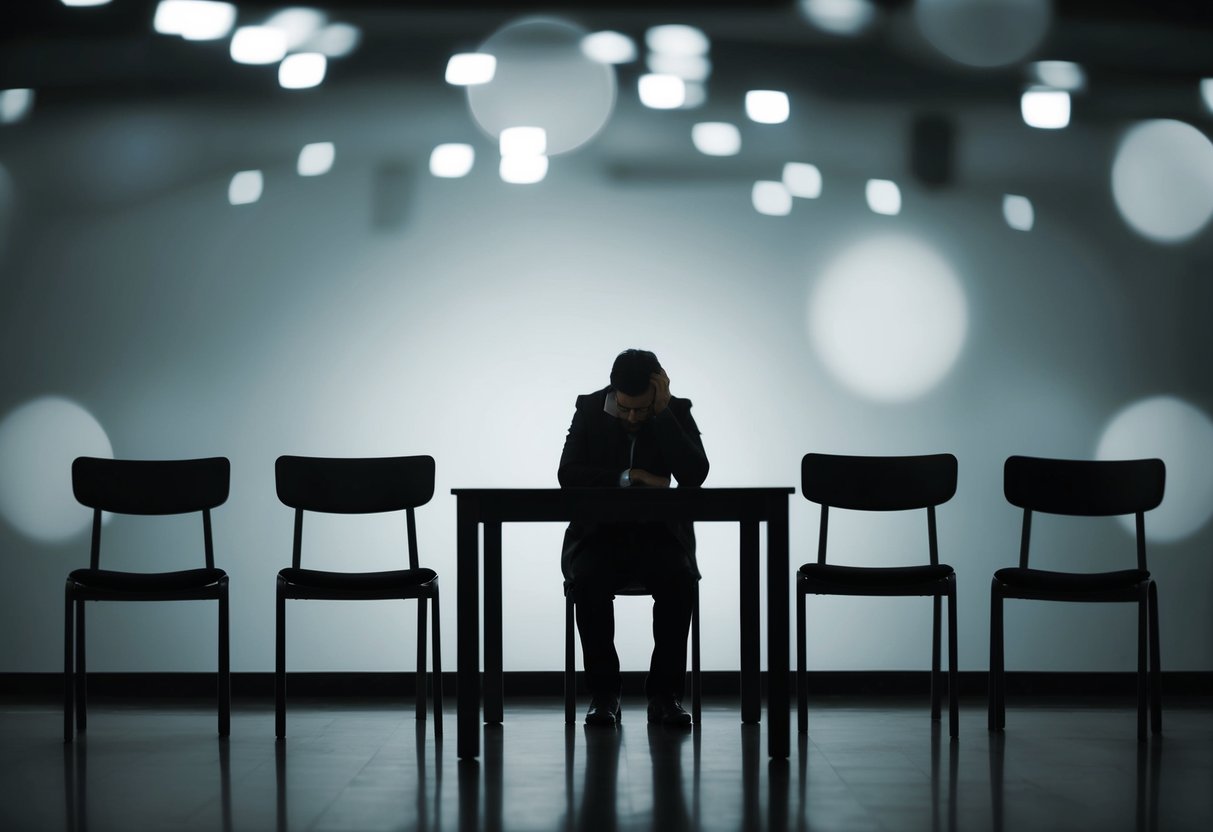 A solitary figure sits at a table, surrounded by empty chairs. The figure looks contemplative, with a hint of sadness in their eyes