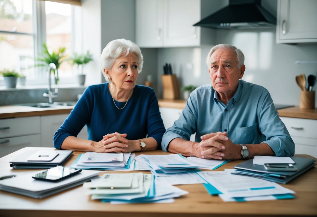 An older couple sits at a kitchen table, surrounded by bills and financial documents. Their worried expressions convey the stress of managing financial implications of marriage at an older age