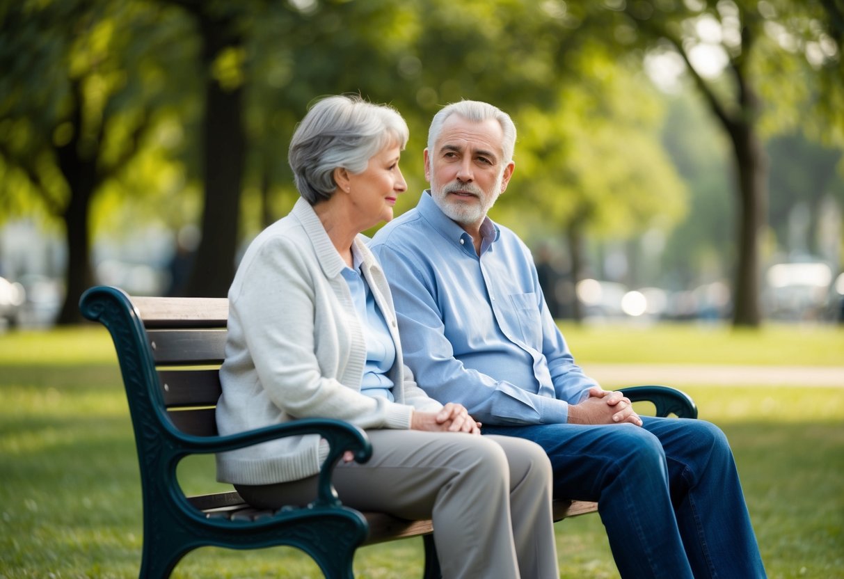 A grey-haired couple sitting on a park bench, looking weary as they discuss retirement plans