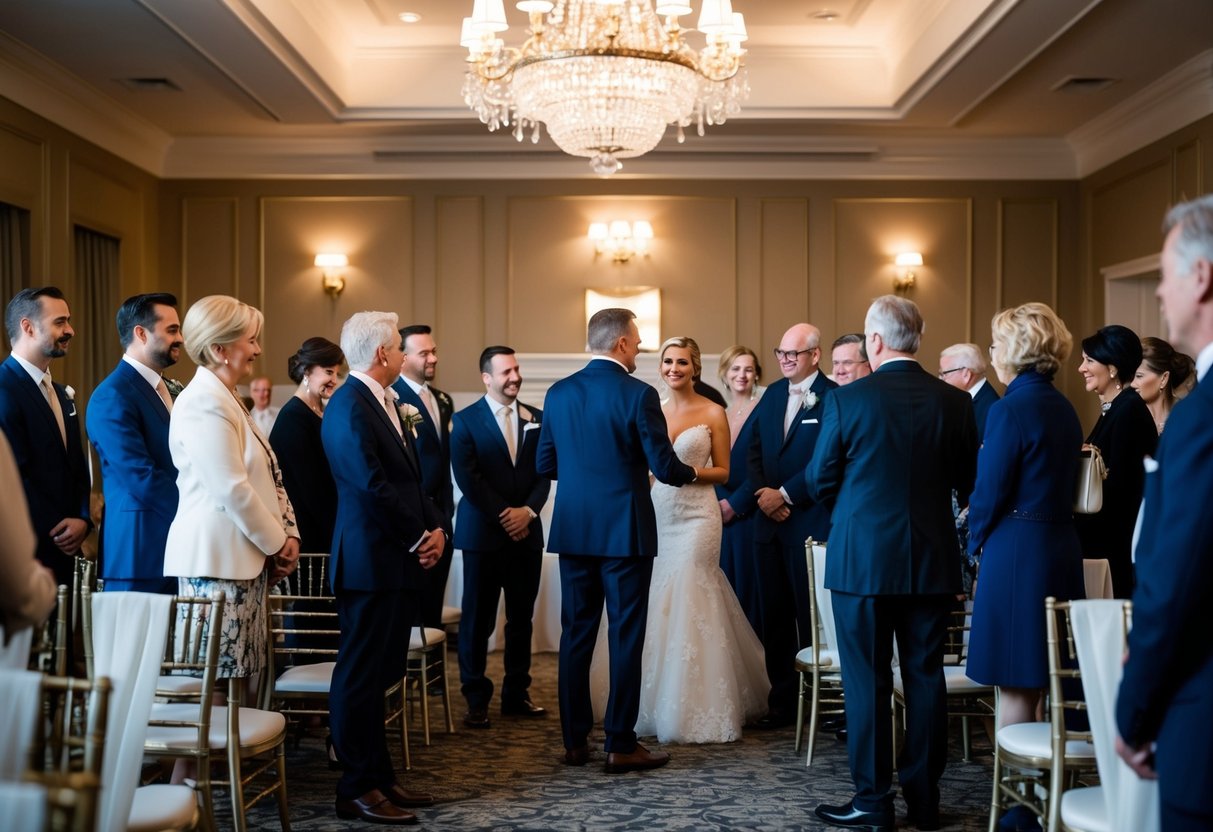 A group of people in formal attire gather in a tastefully decorated venue for a wedding rehearsal