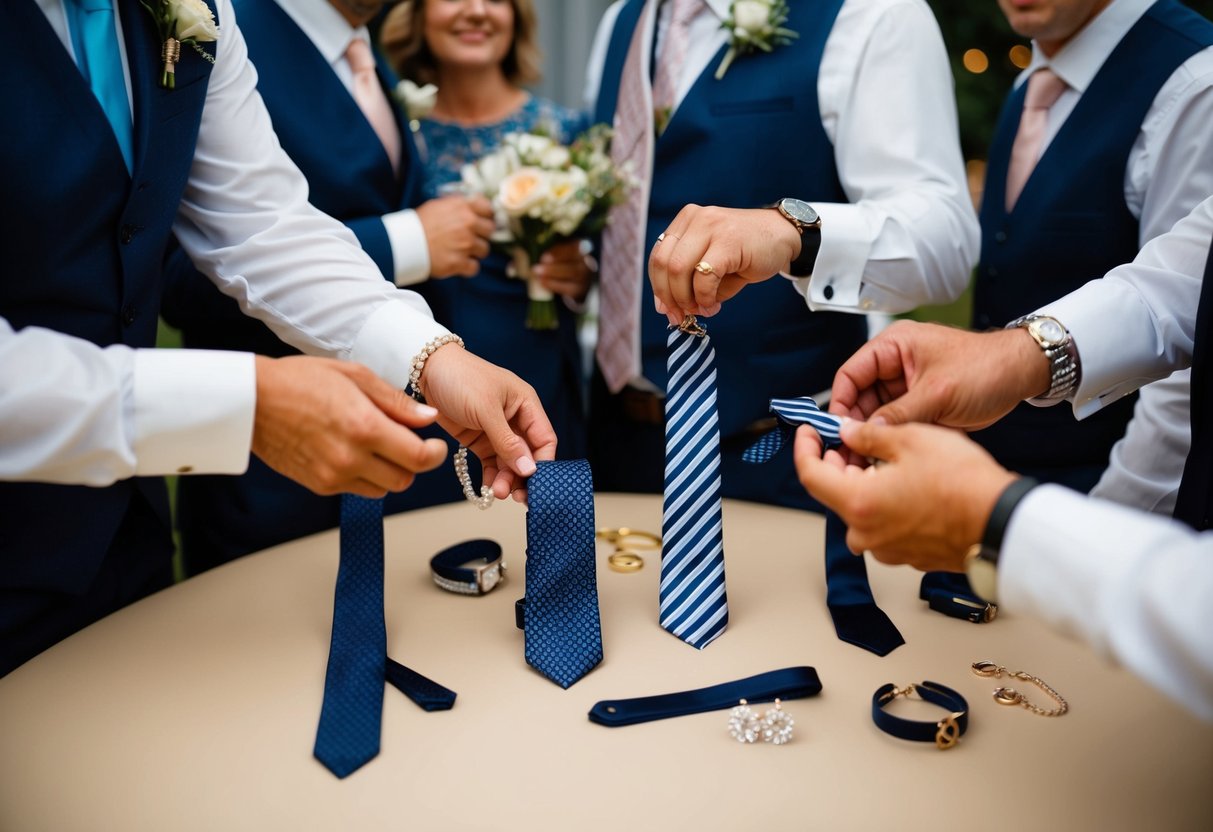 Guests selecting accessories, from ties to jewelry, to complement their attire for a wedding rehearsal dinner