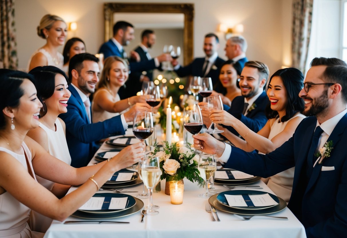 A table set with elegant place settings and lit candles, surrounded by joyful guests mingling and toasting with glasses of wine