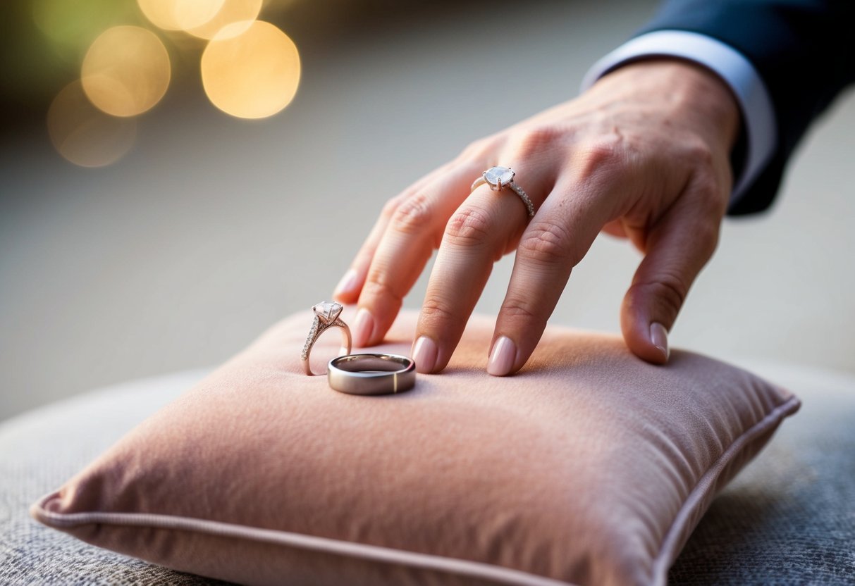 A hand reaching out to place an engagement ring and wedding band side by side on a soft velvet cushion