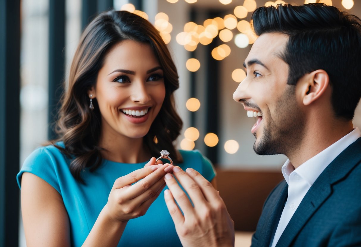 A woman presents a ring to a man, who looks surprised and delighted